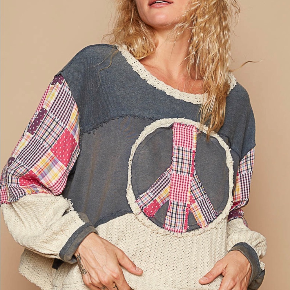 NEW POL Pice Sign Round Neck Long Sleeves Oversized Fit French Terry Top - Picture 2 of 5